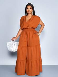 SOLERSUN Burnt Orange Plus Size Women's Summer Elegant Vacation Jumpsuit,Cotton Linen Blend V-Neck Sleeveless Ruched Cinched Waist Pocket Paneled Outfits - Rust Brown - View 4