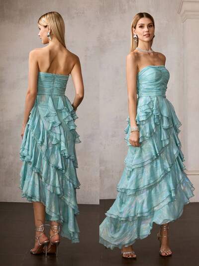 MOTF Soiréza ROBE DE SOIRÉE MAXI ÉLÉGANTE SANS BRETELLES POUR FEMMES - FRONCES À LA POITRINE, VOLANTS ASYMÉTRIQUES SUPERPOSÉS ET SILHOUETTE MOULANTE, PARFAITE POUR LES MARIAGES, LES GALAS ET LES SOIRÉES COCKTAIL