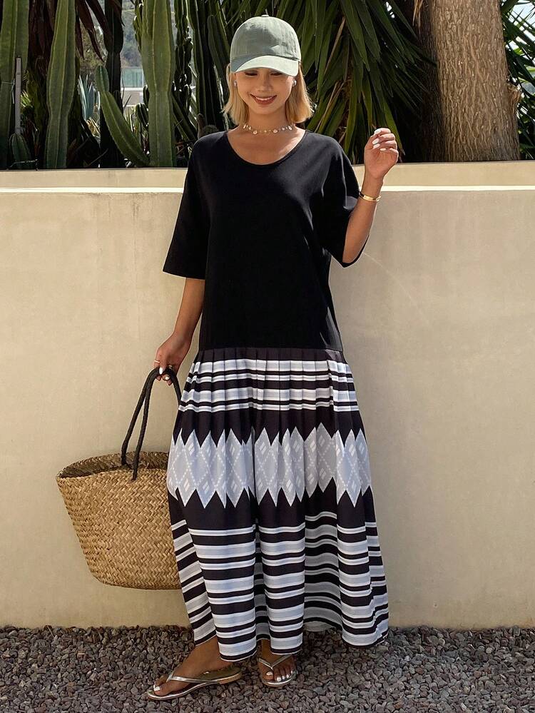 Women's Summer Round Neck Short Sleeve Colorblock Splice Vacation Style Casual Long Dress Sun Dresses For Women