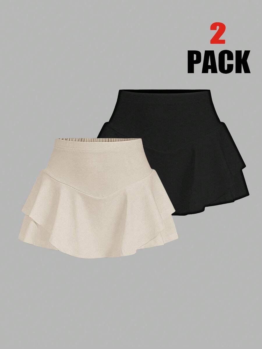 SHEIN EZwear 2件套女士针织休闲运动短裤和半身裙套装，迷你裙裤套装，内衬短裤半身裙，女士运动裙裤，曲线款女士运动裙裤，网球裙套装，多层裙裤套装，女士运动裙裤两件装 - 彩色 - 查看 1