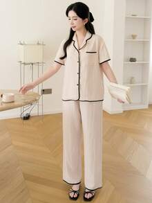 SHEIN Bộ đồ ngủ thoải mái cho bé gái tuổi teen, màu mơ, chất liệu chiffon mềm mại, cổ áo phối viền tương phản, gồm áo khoác cardigan và quần dài. - Màu be - Xem 7