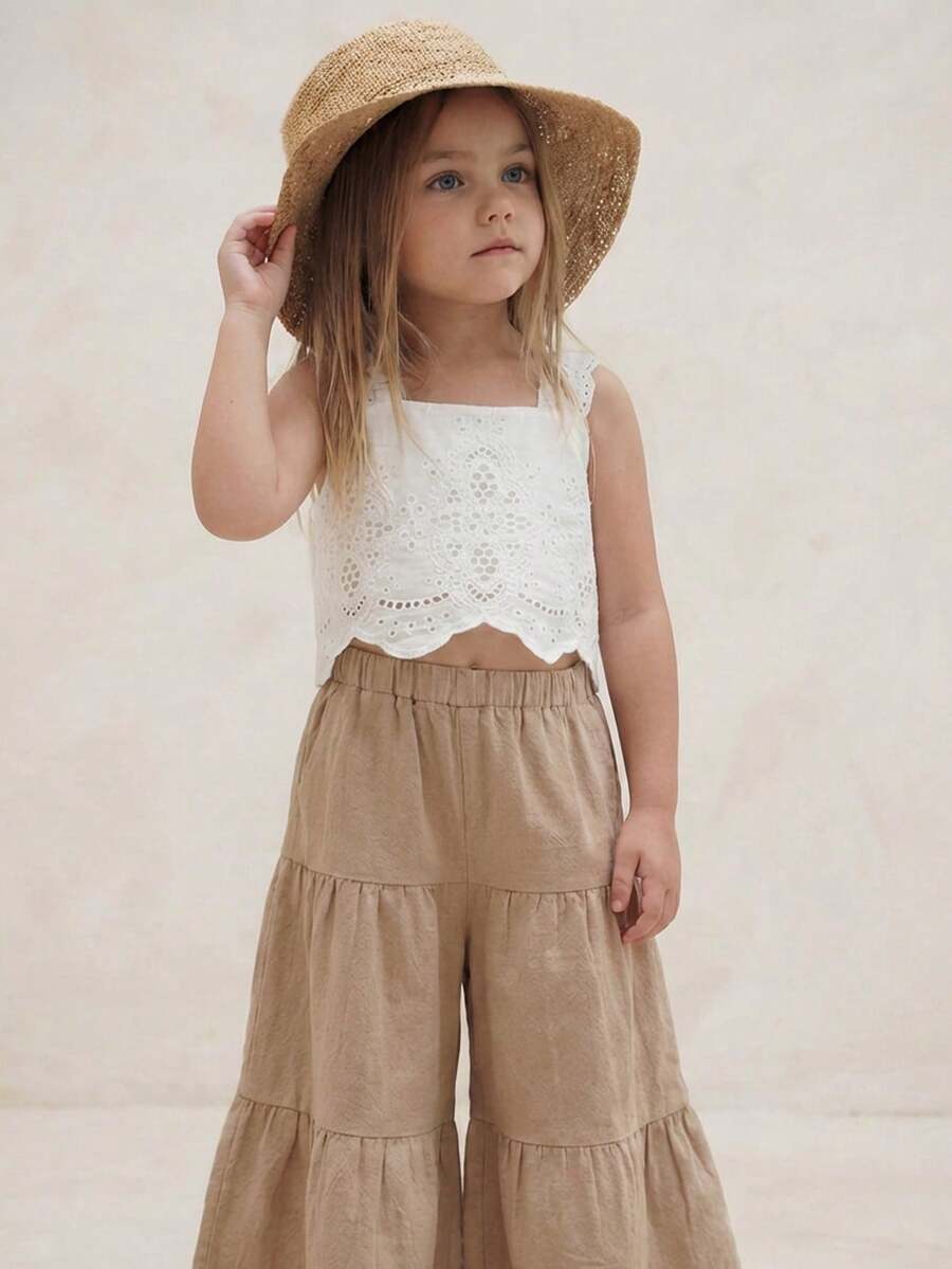 Emery Rose Kids Emery Rose Kids 2件套少女纯色梭织方领荷叶边休闲吊带背心和长裤套装 - 白色 - 查看 1