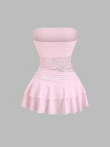 Sweetra Women's Pink Spicy Lace Patchwork Ruffle Hem Mini Dress, Spring/Summer, Pink Bustier Dress,Women Spring/Summer Vacation, Beach, Commute, Elegant, Sweet, Minimalist, Versatile - Pink - View 2