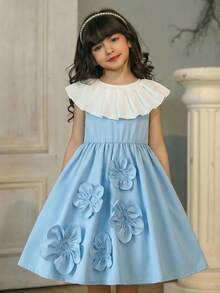 SHEIN Vestido holgado con volantes en el bajo y contraste de color tejido, adecuado para primavera y verano para niña joven - Azul - Ver 2