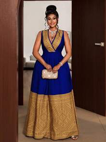 Maweii Plus Size Women V-Neck Ruched Waist Colorblock Elegant Party Dress - Blue - View 2