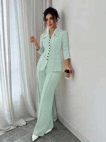 Elenzga Women's Apricot Thick Fabric V-Neck Blazer Design Black Contrast Button Fake Pocket Teacher Uniform Elegant Professional Outfit, Thanksgiving Halloween Atmosphere, Autumn New Arrival Fashionable Essential Sophisticated Long Sleeve Waist Cinched Loose Straight Leg Pants 2-Piece Set - Mint Green - View 6