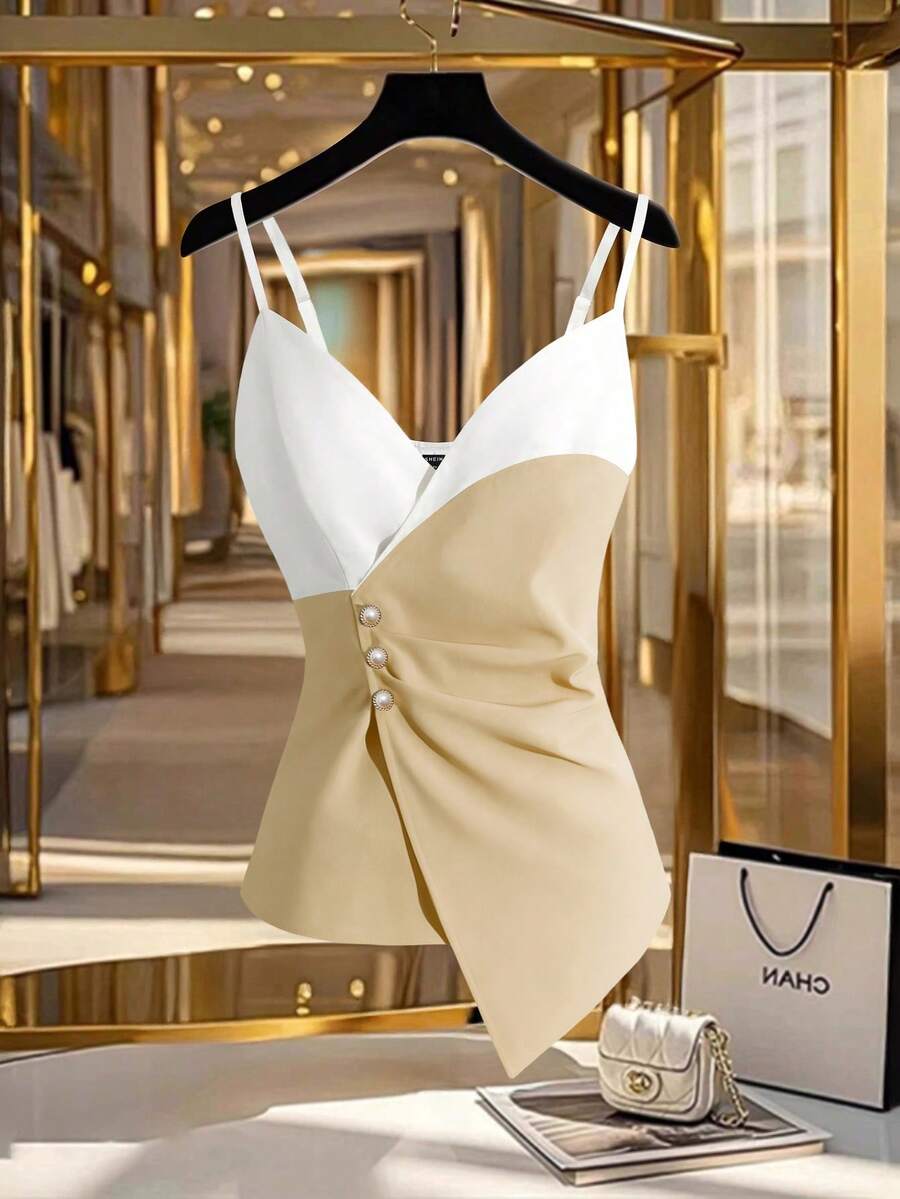Franclia Áo hai dây nữ thời trang vạt lệch - Màu Khaki - Xem 1