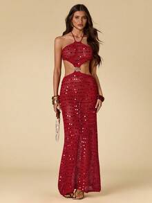 SHEIN BAE Vestido de punto con escote halter y espalda descubierta, estilo de vacaciones en la playa francesa. Vestido midi ajustado minimalista de alta gama para el verano - Rojo - Ver 7