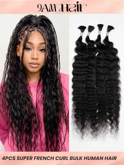  BOHO Braids 4PCS Super French Curl Bulk Human Hair Extensions Super Wave Bulk Braiding Hair For Bohemian Knotless Godness Braids Natural Black Deep Wave Bulk Braiding Hair 95g/Pack 100% Brazilian Virgin Remy Hair