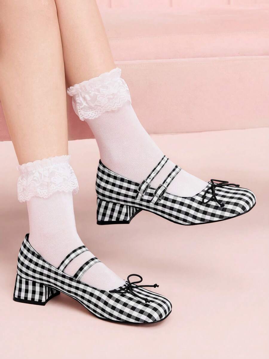 CUCCOO DOLLMOD Giày Mary Jane mũi vuông kẻ caro đen trắng dành cho nữ, khóa đôi có nơ, gót dốc, kiểu dáng retro ngọt ngào, đa năng cho việc đi lại hàng ngày. - Lưới đen trắng - Xem 1