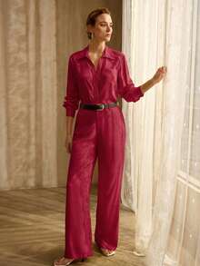 PREMIUM SOLID LONG SLEEVE SHIRT & STRAIGHT LEG PANTS SET WITHOUT BELT - Red - View 7