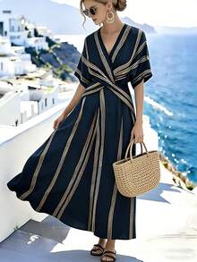 SHEIN Holidaya 女士交叉裹身收腰V领蓝黄条纹连衣裙，度假款 - 藏蓝色 - 查看 5