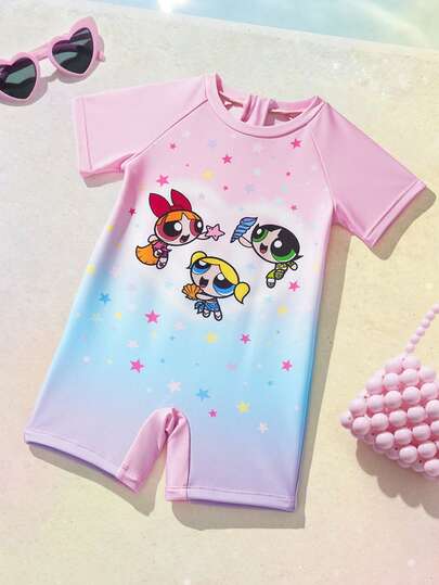 THE POWERPUFF GIRLS X SHEIN 女婴渐变卡通印花连体泳衣，海滩度假