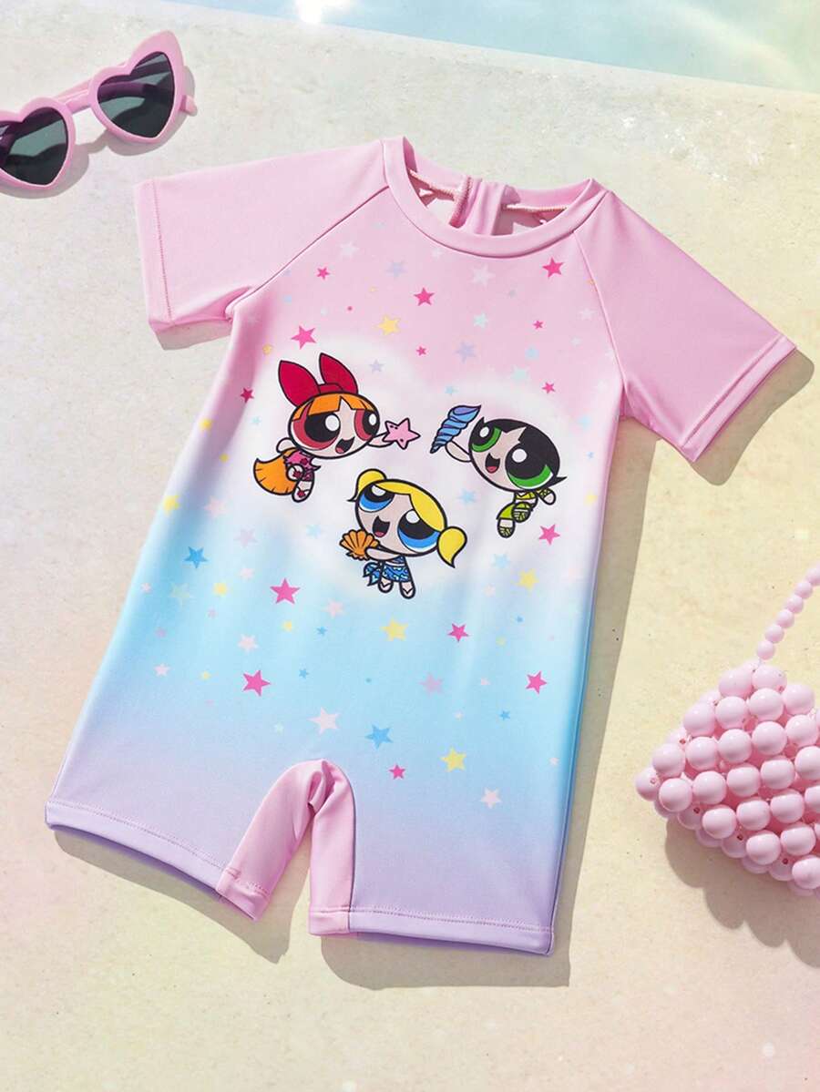 THE POWERPUFF GIRLS X SHEIN 女婴渐变卡通印花连体泳衣，海滩度假 - 彩色 - 查看 1