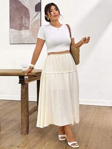 SHEIN Frenchy Plus Size Women Long Casual Boho White Skirt, Suitable For Daily Wear And Commuting Beach Vacation Summer - Beige - View 2