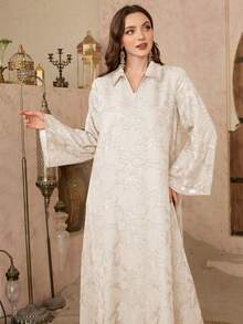 Al Najma Elegant Cut-Out Collar Mesh Flare Sleeve Dress - Apricot - View 3