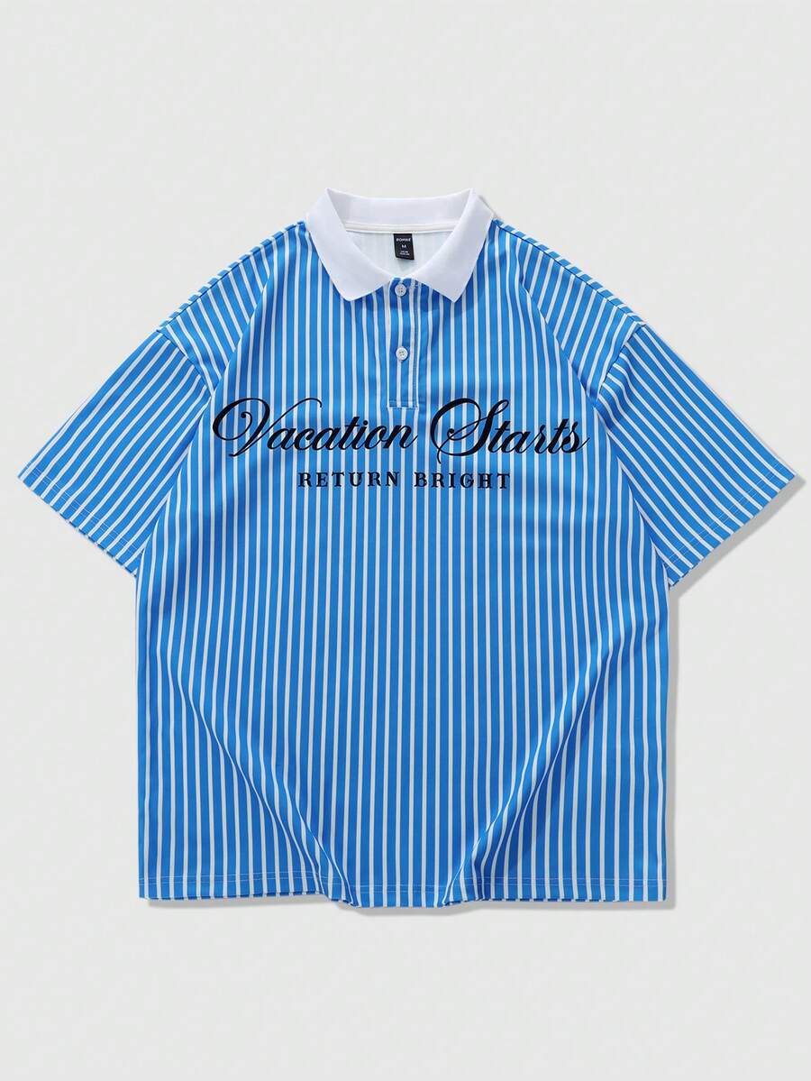 ROMWE MEN Essentials Men's Vacation Printed Short Sleeve Polo Shirt, Suitable For Spring And Summer - Blue - View 1