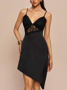 Olia Maree Women's Black Sleeveless Mini Cami Dress With Contrast Lace Detail And Asymmetrical Hem - Black - View 2
