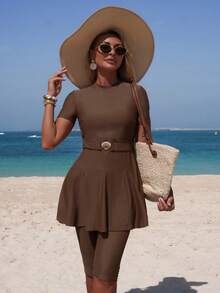 Swim Mulvari High-End Elegant Solid Color Shell Design Bikini Swimwear, Spring/Summer Conservative Beach Outfit For Women - Brown - View 5