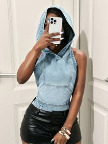 Slaydiva Top senza schienale in denim con cappuccio e lacci, da donna - Blu - Visualizzare 5