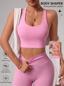 Sovereign Charm Reggiseno sportivo casual da donna, di colore unito, con schiena incrociata, versatile per uso quotidiano e fitness - Rosa - Visualizzare 1