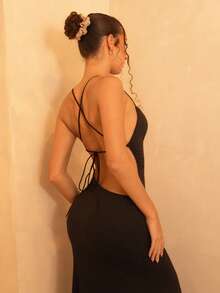 juhmazzocco 女士白色無背細肩帶緊身深V領長洋裝 - 黑色 - 查看 6