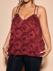 Cravure Plus Size Women Solid Color Fringe Lining Camisole Party Tops For Women Plus Size Tank Tops Camis Plus Size Tops For Women - Burgundy - View 7
