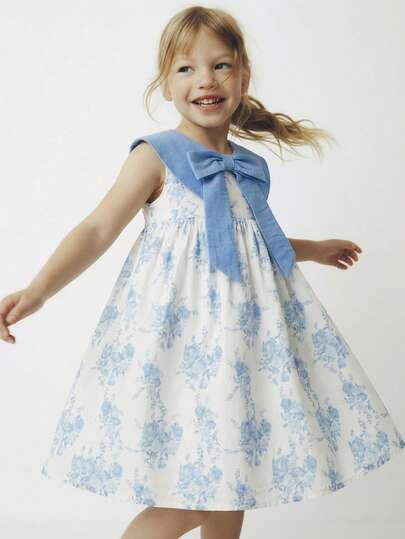 Maija Kids Maija Kids 1件装少女休闲优雅度假宽松可爱蓝色碎花无袖连衣裙，适合日常穿着、返校、郊游、聚会、节日、春夏季节。