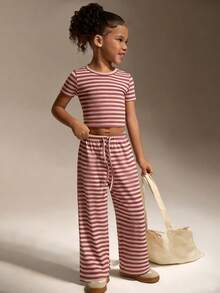 2pcs Girls' Spring/Summer Ribbed Short Sleeve T-Shirt And Wide Leg Pants Set, Casual Ribbed Outfit For Home, Leisure, Outdoor Sports - Pink - View 5