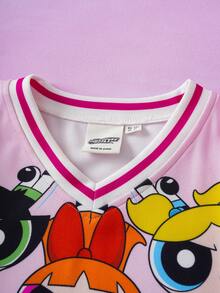 THE POWERPUFF GIRLS X SHEIN 1件装 女童可爱休闲卡通印花V领短袖舒适运动T恤 - 粉色 - 查看 6