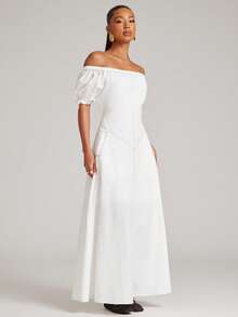 NYA SZN Vestido Longo com Ombros à Mostra e Costura em Contraste - Branco - Visão 6