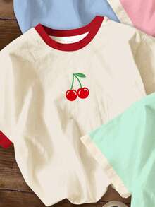 Set de 4 camisetas básicas de manga corta con cuello redondo y estampado de frutas y flores, estilo minimalista casual para niñas preadolescentes, adecuadas para primavera/verano, diario, viajes, vacaciones, campus, relajación - Multicolor - Ver 5