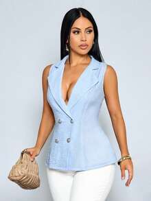 SOLERSUN Women's Summer Light Blue Elegant Double Breasted Sleeveless Blazer,Tropical Cocktail Fashion Casual Button Office Business Commute Stylish Wear - Baby Blue - View 5