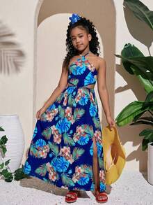 SHEIN Đầm maxi đi biển kiểu boho, cổ yếm, hở lưng, xẻ tà cao, in họa tiết hoa nhiệt đới cho bé gái tuổi teen. - Màu xanh lam - Xem 3