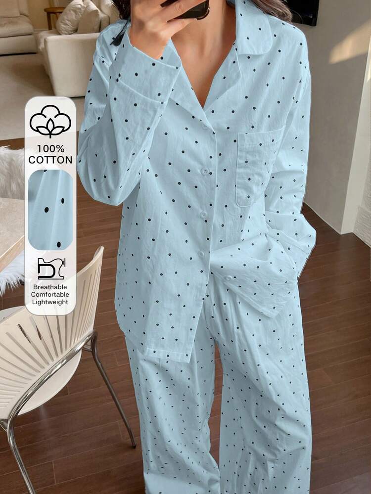 2pcs Polka Dot Print Loose Cardigan & Straight Leg Pants Pajama Set, Spring & Autumn Women