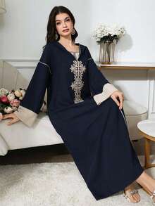 SHEIN Najma Women's Elegant Modest Hooded Arabic Style Dress - Navy Blue - View 4
