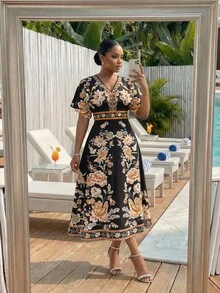 SHEIN Lady CURVE 大码女式碎花短袖优雅连衣裙 - 彩色 - 查看 5