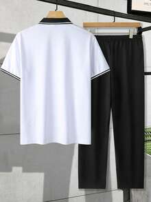 Manfinity Homme Ensemble de polo à manches courtes pour hommes, convient pour le port décontracté à la maison ou à l'extérieur - Noir et Blanc - Voir 2