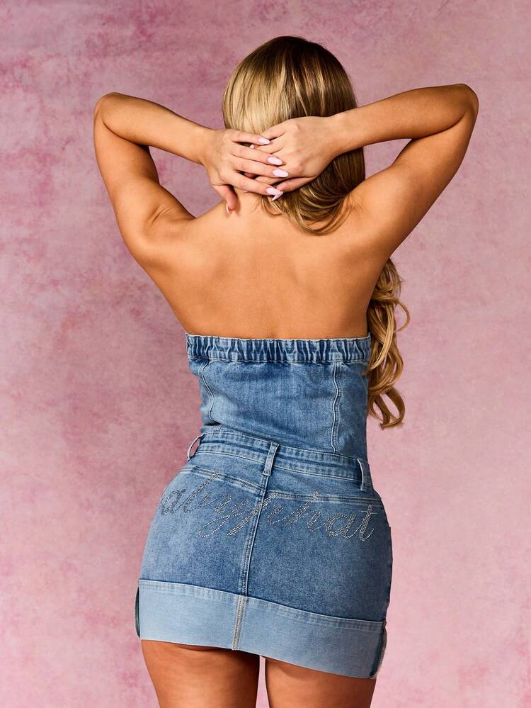 BABYPHAT Women's Strapless Denim Mini Dress With Button Front Detail And Contrast Hem For Casual Summer Outings