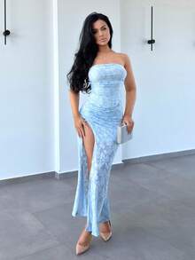 Vassilux Women's Cut Flower Knit Dress Wedding Guest Dress Holiday Dress Graduation Season Dress Date Party Dress Solid Color Midi Dress Elegant Blue Cutout Backless High Slit Dress Bodycon Dress Maxi Dress Party Dresses For Women,Graduation,Teacher Outfits For Women,Teacher Dress - Blue - View 1