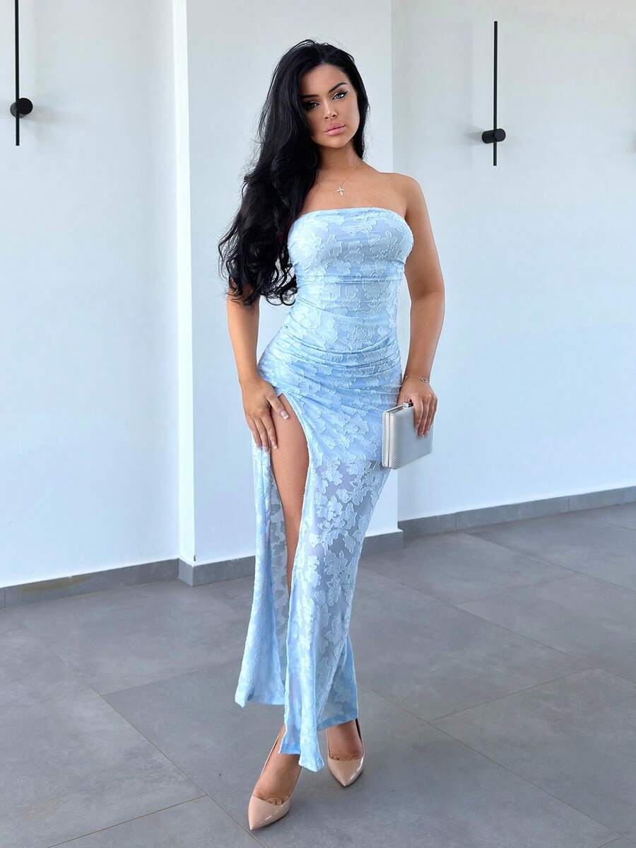 Vassilux Women's Cut Flower Knit Dress Wedding Guest Dress Holiday Dress Graduation Season Dress Date Party Dress Solid Color Midi Dress Elegant Blue Cutout Backless High Slit Dress Bodycon Dress Maxi Dress Party Dresses For Women,Graduation,Teacher Outfits For Women,Teacher Dress - Blue - View 1
