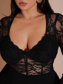 SHEIN BAE 大码女式蕾丝拼接性感百搭约会之夜长袖连体衣 - 黑色 - 查看 8