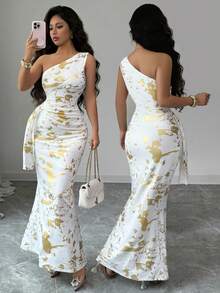 Selianne Women's Elegant Gold Foil Print One-Shoulder Fishtail Dress, Summer - White - View 2