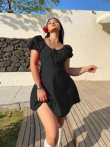 Sunnyshic Plus Size Women's Summer Dresses, Solid Color Scoop Neck Ruffle Tie Bow French Design Romantic Vacation Sweet Fitted A-Line Lantern Sleeve Mini Dress - Black - View 5