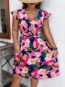 Weeklong Plus Size Women's Floral Print V-Neck Flutter Sleeve Ruched Waist A-Line Dress,Navy Blue,Summer,Boho,Vacation,Holiday,Elegant French Retro Beach Resort - Multicolor - View 5
