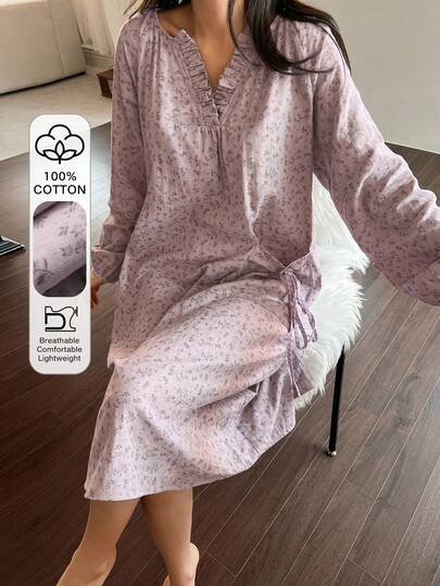 DAZY Ditsy Floral Loose Lantern Sleeve Scalloped Collar Women Nightgown