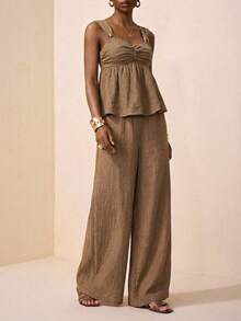 Zivah Khaki Summer Casual Vacation Holiday Women's Elegant Sweetheart Neckline Camisole With Metal Buckle Decoration & Wide-Leg Pants Two Pieces Set - Brown - View 6