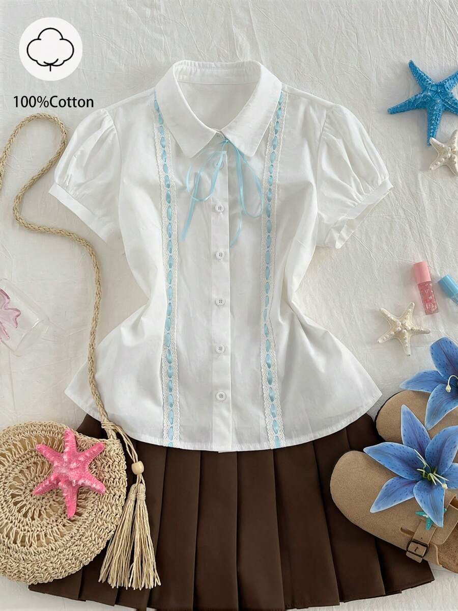 Elamini 女士白色纯棉短袖蝴蝶结蕾丝拼接衬衫，甜美可爱少女风校园风时尚休闲百搭日常单品，舒适纯棉面料，春夏返校季必备 - 白色 - 查看 1