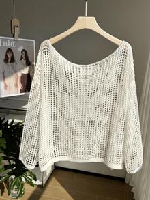 SHEIN EZwear Áo len dệt kim khoét lỗ màu trơn cỡ lớn, thích hợp cho kỳ nghỉ hè, nghỉ xuân, lễ hội Carnival, đi chơi, đi biển, phong cách thường ngày, áo thun in hình, màu trắng. - trắng - Xem 2