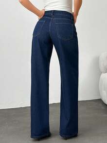100% Cotton Low Waist Raw Wash Detailed Wideleg Jean - Dark Wash - View 2